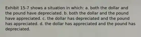 Exhibit 15-7 shows a situation in which: a. both the dollar and the pound have depreciated. b. both the dollar and the pound have appreciated. c. the dollar has depreciated and the pound has appreciated. d. the dollar has appreciated and the pound has depreciated.