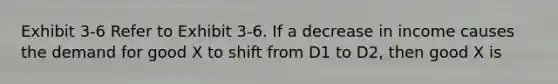 Exhibit 3-6 Refer to Exhibit 3-6. If a decrease in income causes the demand for good X to shift from D1 to D2, then good X is