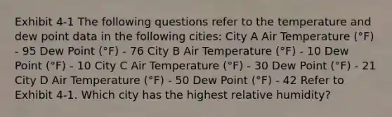 Exhibit 4-1 The following questions refer to the temperature and dew point data in the following cities: City A Air Temperature (°F) - 95 Dew Point (°F) - 76 City B Air Temperature (°F) - 10 Dew Point (°F) - 10 City C Air Temperature (°F) - 30 Dew Point (°F) - 21 City D Air Temperature (°F) - 50 Dew Point (°F) - 42 Refer to Exhibit 4-1. Which city has the highest relative humidity?