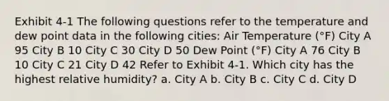 Exhibit 4-1 The following questions refer to the temperature and dew point data in the following cities: Air Temperature (°F) City A 95 City B 10 City C 30 City D 50 Dew Point (°F) City A 76 City B 10 City C 21 City D 42 Refer to Exhibit 4-1. Which city has the highest relative humidity? a. City A b. City B c. City C d. City D