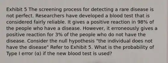 Exhibit 5 The screening process for detecting a rare disease is not perfect. Researchers have developed a blood test that is considered fairly reliable. It gives a positive reaction in 98% of the people who have a disease. However, it erroneously gives a positive reaction for 3% of the people who do not have the disease. Consider the null hypothesis "the individual does not have the disease" Refer to Exhibit 5. What is the probability of Type I error (α) if the new blood test is used?