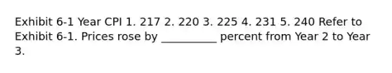 Exhibit 6-1 Year CPI 1. 217 2. 220 3. 225 4. 231 5. 240 Refer to Exhibit 6-1. Prices rose by __________ percent from Year 2 to Year 3.