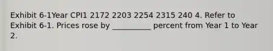 Exhibit 6-1Year CPI1 2172 2203 2254 2315 240 4. Refer to Exhibit 6-1. Prices rose by __________ percent from Year 1 to Year 2.