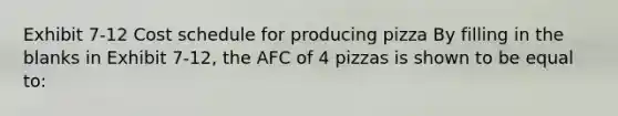 Exhibit 7-12 Cost schedule for producing pizza By filling in the blanks in Exhibit 7-12, the AFC of 4 pizzas is shown to be equal to: