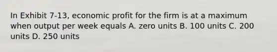 In Exhibit 7-13, economic profit for the firm is at a maximum when output per week equals A. zero units B. 100 units C. 200 units D. 250 units