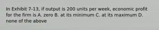 In Exhibit 7-13, if output is 200 units per week, economic profit for the firm is A. zero B. at its minimum C. at its maximum D. none of the above