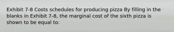 Exhibit 7-8 Costs schedules for producing pizza By filling in the blanks in Exhibit 7-8, the marginal cost of the sixth pizza is shown to be equal to: