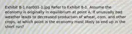 Exhibit 8-1 nar001-1.jpg Refer to Exhibit 8-1. Assume the economy is originally in equilibrium at point A. If unusually bad weather leads to decreased production of wheat, corn, and other crops, at which point is the economy most likely to end up in the short run?