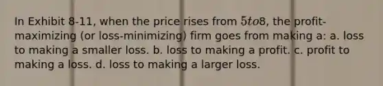 In Exhibit 8-11, when the price rises from 5 to8, the profit-maximizing (or loss-minimizing) firm goes from making a: a. loss to making a smaller loss. b. loss to making a profit. c. profit to making a loss. d. loss to making a larger loss.