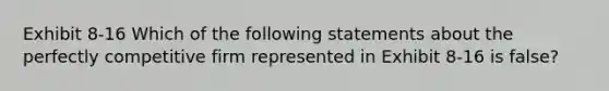 Exhibit 8-16 Which of the following statements about the perfectly competitive firm represented in Exhibit 8-16 is false?