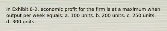 In Exhibit 8-2, economic profit for the firm is at a maximum when output per week equals: a. 100 units. b. 200 units. c. 250 units. d. 300 units.