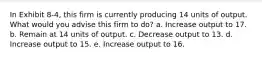 In Exhibit 8-4, this firm is currently producing 14 units of output. What would you advise this firm to do? a. Increase output to 17. b. Remain at 14 units of output. c. Decrease output to 13. d. Increase output to 15. e. Increase output to 16.