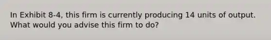 In Exhibit 8-4, this firm is currently producing 14 units of output. What would you advise this firm to do?