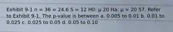 Exhibit 9-1 n = 36 = 24.6 S = 12 H0: μ 20 Ha: μ > 20 57. Refer to Exhibit 9-1. The p-value is between a. 0.005 to 0.01 b. 0.01 to 0.025 c. 0.025 to 0.05 d. 0.05 to 0.10