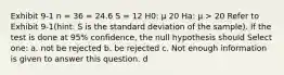 Exhibit 9-1 n = 36 = 24.6 S = 12 H0: μ 20 Ha: μ > 20 Refer to Exhibit 9-1(hint: S is the standard deviation of the sample). If the test is done at 95% confidence, the null hypothesis should Select one: a. not be rejected b. be rejected c. Not enough information is given to answer this question. d