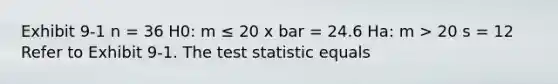 Exhibit 9-1 n = 36 H0: m ≤ 20 x bar = 24.6 Ha: m > 20 s = 12 Refer to Exhibit 9-1. The test statistic equals