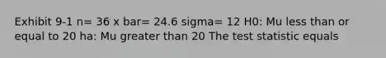 Exhibit 9-1 n= 36 x bar= 24.6 sigma= 12 H0: Mu less than or equal to 20 ha: Mu greater than 20 The test statistic equals