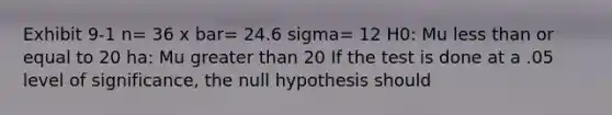 Exhibit 9-1 n= 36 x bar= 24.6 sigma= 12 H0: Mu <a href='https://www.questionai.com/knowledge/k7BtlYpAMX-less-than' class='anchor-knowledge'>less than</a> or equal to 20 ha: Mu greater than 20 If the test is done at a .05 level of significance, the null hypothesis should