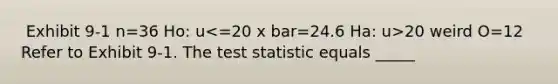 ​ Exhibit 9-1 n=36 Ho: u 20 weird O=12​ Refer to Exhibit 9-1. The test statistic equals _____