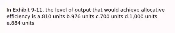 In Exhibit 9-11, the level of output that would achieve allocative efficiency is a.810 units b.976 units c.700 units d.1,000 units e.884 units