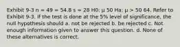 Exhibit 9-3 n = 49 = 54.8 s = 28 H0: μ 50 Ha: μ > 50 64. Refer to Exhibit 9-3. If the test is done at the 5% level of significance, the null hypothesis should a. not be rejected b. be rejected c. Not enough information given to answer this question. d. None of these alternatives is correct.