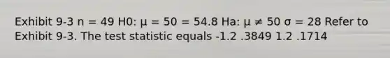 Exhibit 9-3 n = 49 H0: μ = 50 = 54.8 Ha: μ ≠ 50 σ = 28 Refer to Exhibit 9-3. The test statistic equals -1.2 .3849 1.2 .1714