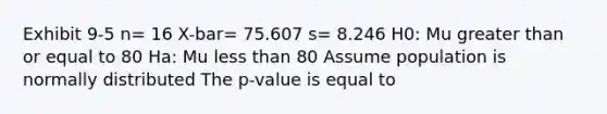 Exhibit 9-5 n= 16 X-bar= 75.607 s= 8.246 H0: Mu greater than or equal to 80 Ha: Mu less than 80 Assume population is normally distributed The p-value is equal to