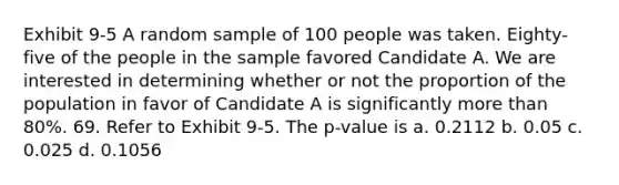 Exhibit 9-5 A random sample of 100 people was taken. Eighty-five of the people in the sample favored Candidate A. We are interested in determining whether or not the proportion of the population in favor of Candidate A is significantly more than 80%. 69. Refer to Exhibit 9-5. The p-value is a. 0.2112 b. 0.05 c. 0.025 d. 0.1056