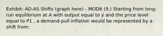 Exhibit: AD-AS Shifts (graph here) - MOD6 (9.) Starting from long-run equilibrium at A with output equal to ȳ and the price level equal to P1 , a demand-pull inflation would be represented by a shift from: