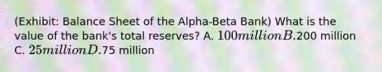 (Exhibit: Balance Sheet of the Alpha-Beta Bank) What is the value of the bank's total reserves? A. 100 million B.200 million C. 25 million D.75 million