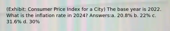 (Exhibit: Consumer Price Index for a City) The base year is 2022. What is the inflation rate in 2024? Answers:a. 20.8% b. 22% c. 31.6% d. 30%