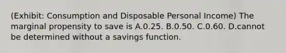 (Exhibit: Consumption and Disposable Personal Income) The marginal propensity to save is A.0.25. B.0.50. C.0.60. D.cannot be determined without a savings function.