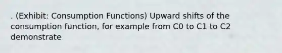 . (Exhibit: Consumption Functions) Upward shifts of the consumption function, for example from C0 to C1 to C2 demonstrate