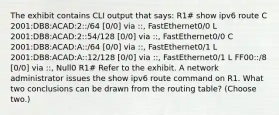 The exhibit contains CLI output that says: R1# show ipv6 route C 2001:DB8:ACAD:2::/64 [0/0] via ::, FastEthernet0/0 L 2001:DB8:ACAD:2::54/128 [0/0] via ::, FastEthernet0/0 C 2001:DB8:ACAD:A::/64 [0/0] via ::, FastEthernet0/1 L 2001:DB8:ACAD:A::12/128 [0/0] via ::, FastEthernet0/1 L FF00::/8 [0/0] via ::, Null0 R1# Refer to the exhibit. A network administrator issues the show ipv6 route command on R1. What two conclusions can be drawn from the routing table? (Choose two.)