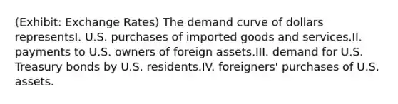 (Exhibit: Exchange Rates) The demand curve of dollars representsI. U.S. purchases of imported goods and services.II. payments to U.S. owners of foreign assets.III. demand for U.S. Treasury bonds by U.S. residents.IV. foreigners' purchases of U.S. assets.