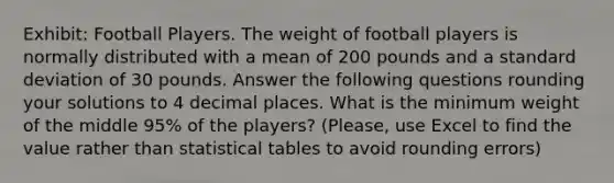 Exhibit: Football Players. The weight of football players is normally distributed with a mean of 200 pounds and a standard deviation of 30 pounds. Answer the following questions rounding your solutions to 4 decimal places. What is the minimum weight of the middle 95% of the players? (Please, use Excel to find the value rather than statistical tables to avoid rounding errors)