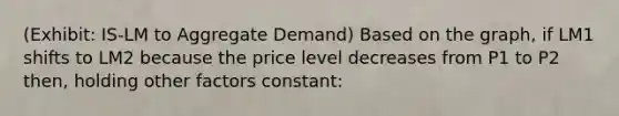 (Exhibit: IS-LM to Aggregate Demand) Based on the graph, if LM1 shifts to LM2 because the price level decreases from P1 to P2 then, holding other factors constant: