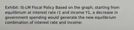 Exhibit: IS-LM Fiscal Policy Based on the graph, starting from equilibrium at interest rate r1 and income Y1, a decrease in government spending would generate the new equilibrium combination of interest rate and income: