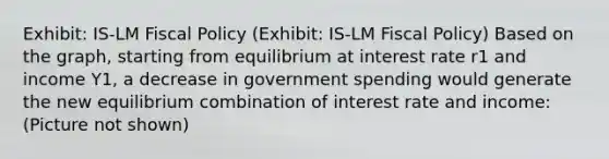 Exhibit: IS-LM Fiscal Policy (Exhibit: IS-LM Fiscal Policy) Based on the graph, starting from equilibrium at interest rate r1 and income Y1, a decrease in government spending would generate the new equilibrium combination of interest rate and income: (Picture not shown)