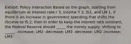 Exhibit: Policy Interaction Based on the graph, starting from equilibrium at interest rate r 3, income Y 2, IS1, and LM 1, if there is an increase in government spending that shifts the IScurve to IS 2, then in order to keep the interest rate constant, the Federal Reserve should _____ the money supply, shifting to _____. -increase; LM2 -decrease; LM3 -decrease; LM2 -increase; LM3