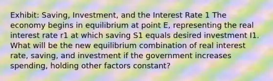 Exhibit: Saving, Investment, and the Interest Rate 1 The economy begins in equilibrium at point E, representing the real interest rate r1 at which saving S1 equals desired investment I1. What will be the new equilibrium combination of real interest rate, saving, and investment if the government increases spending, holding other factors constant?