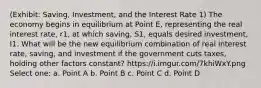 (Exhibit: Saving, Investment, and the Interest Rate 1) The economy begins in equilibrium at Point E, representing the real interest rate, r1, at which saving, S1, equals desired investment, I1. What will be the new equilibrium combination of real interest rate, saving, and investment if the government cuts taxes, holding other factors constant? https://i.imgur.com/7khiWxY.png Select one: a. Point A b. Point B c. Point C d. Point D