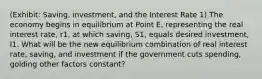 (Exhibit: Saving, investment, and the Interest Rate 1) The economy begins in equilibrium at Point E, representing the real interest rate, r1, at which saving, S1, equals desired investment, I1. What will be the new equilibrium combination of real interest rate, saving, and investment if the government cuts spending, golding other factors constant?