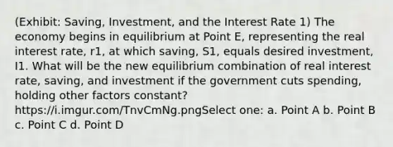 (Exhibit: Saving, Investment, and the Interest Rate 1) The economy begins in equilibrium at Point E, representing the real interest rate, r1, at which saving, S1, equals desired investment, I1. What will be the new equilibrium combination of real interest rate, saving, and investment if the government cuts spending, holding other factors constant? https://i.imgur.com/TnvCmNg.pngSelect one: a. Point A b. Point B c. Point C d. Point D