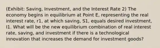 (Exhibit: Saving, Investment, and the Interest Rate 2) The economy begins in equilibrium at Point E, representing the real interest rate, r1, at which saving, S1, equals desired investment, I1. What will be the new equilibrium combination of real interest rate, saving, and investment if there is a technological innovation that increases the demand for investment goods?