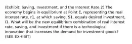 (Exhibit: Saving, Investment, and the Interest Rate 2) The economy begins in equilibrium at Point E, representing the real interest rate, r1, at which saving, S1, equals desired investment, I1. What will be the new equilibrium combination of real interest rate, saving, and investment if there is a technological innovation that increases the demand for investment goods? (SEE EXHIBIT)