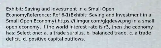 Exhibit: Saving and Investment in a Small Open EconomyReference: Ref 6-1(Exhibit: Saving and Investment in a Small Open Economy) https://i.imgur.com/gJqdevw.png In a small open economy, if the world interest rate is r3, then the economy has: Select one: a. a trade surplus. b. balanced trade. c. a trade deficit. d. positive capital outflows.