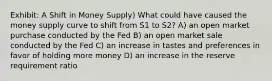 Exhibit: A Shift in Money Supply) What could have caused the money supply curve to shift from S1 to S2? A) an open market purchase conducted by the Fed B) an open market sale conducted by the Fed C) an increase in tastes and preferences in favor of holding more money D) an increase in the reserve requirement ratio