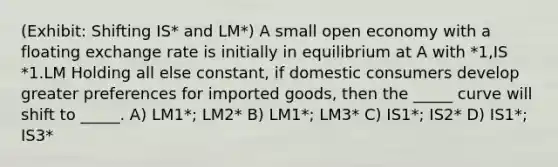 (Exhibit: Shifting IS* and LM*) A small open economy with a floating exchange rate is initially in equilibrium at A with *1,IS *1.LM Holding all else constant, if domestic consumers develop greater preferences for imported goods, then the _____ curve will shift to _____. A) LM1*; LM2* B) LM1*; LM3* C) IS1*; IS2* D) IS1*; IS3*