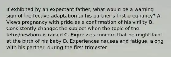 If exhibited by an expectant father, what would be a warning sign of ineffective adaptation to his partner's first pregnancy? A. Views pregnancy with pride as a confirmation of his virility B. Consistently changes the subject when the topic of the fetus/newborn is raised C. Expresses concern that he might faint at the birth of his baby D. Experiences nausea and fatigue, along with his partner, during the first trimester